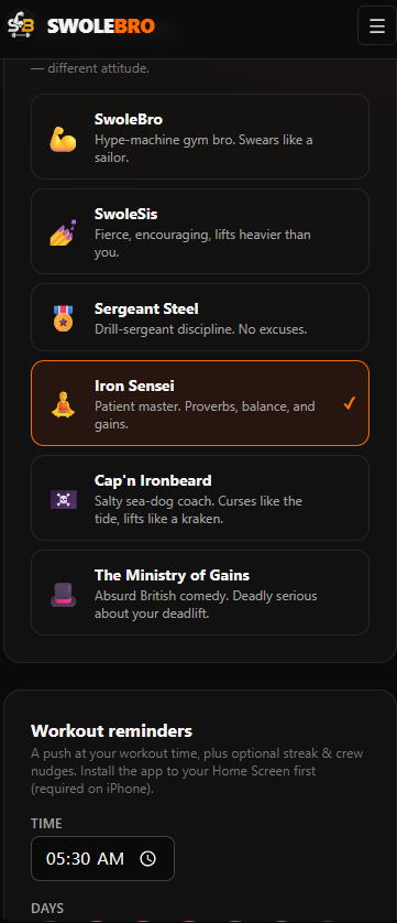 SwoleBro's coach picker on a phone: six personalities listed with a one-line description each, Iron Sensei selected and highlighted in orange.
