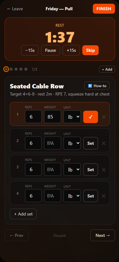 SwoleBro live workout mode on a phone: a large rest timer counting down with skip and adjust buttons, the first set logged at 6 reps, and the remaining sets queued below.