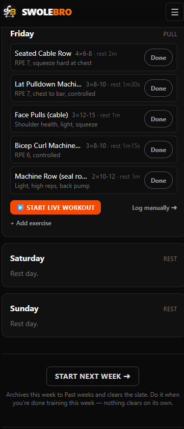 SwoleBro's weekly plan on a phone: Friday pull day with target sets, reps and coaching cues, each exercise marked Done, and a Start Live Workout button.
